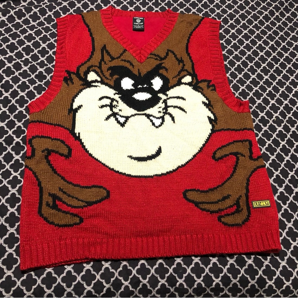 Vtg Warner Brothers Studio Store Taz Tazmanian Devil Red Sweater Vest Small D1